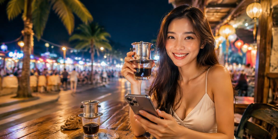 Người dùng tại Nha Trang truy cập xshcm trên điện thoại bên tách cà phê buổi sáng